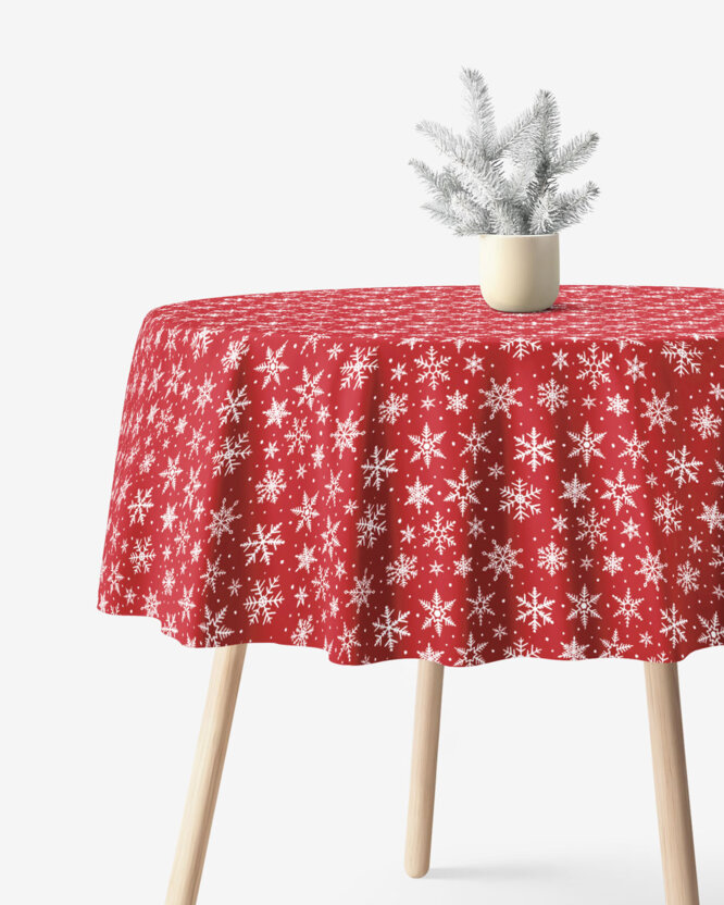 Weihnacht Runde Tischdecke Valencia - Weiße Flocken auf Rot