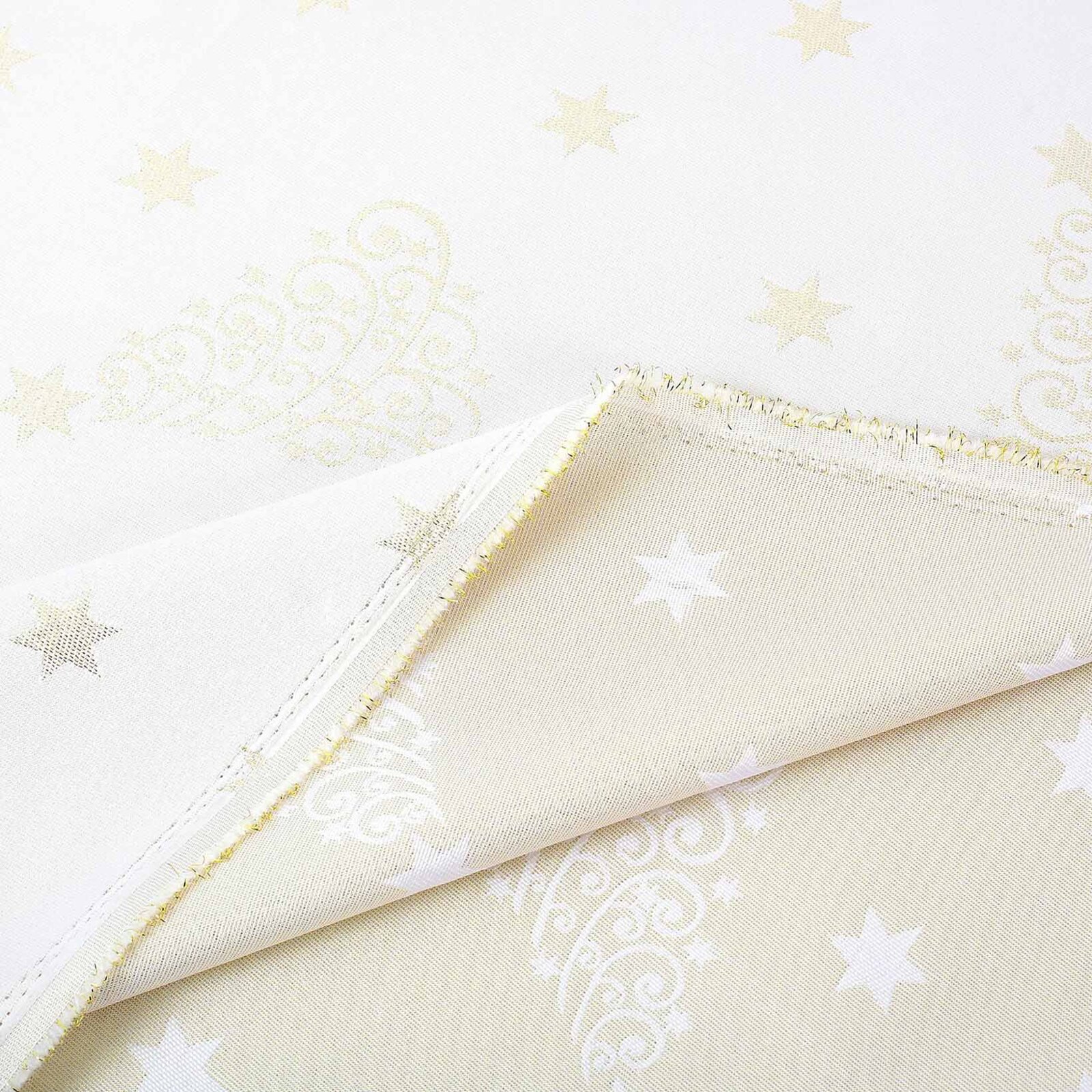 Weihnachtlicher Teflonstoff für Tischdecken – Goldene Tannenbäume und Sterne