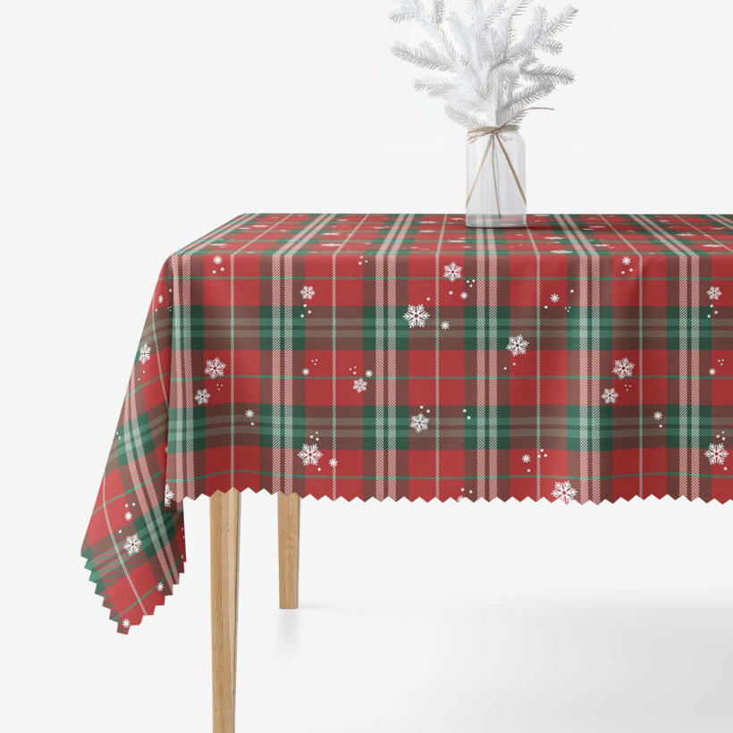 Eckige weihnachtliche Teflon-Tischdecke - Rotkariert mit Schneeflocken