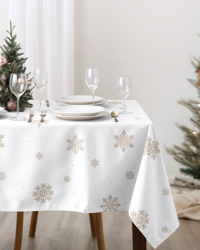 Eckige weihnachtliche Tischdecke 100% Baumwolle - Schneeflocken auf Weiß