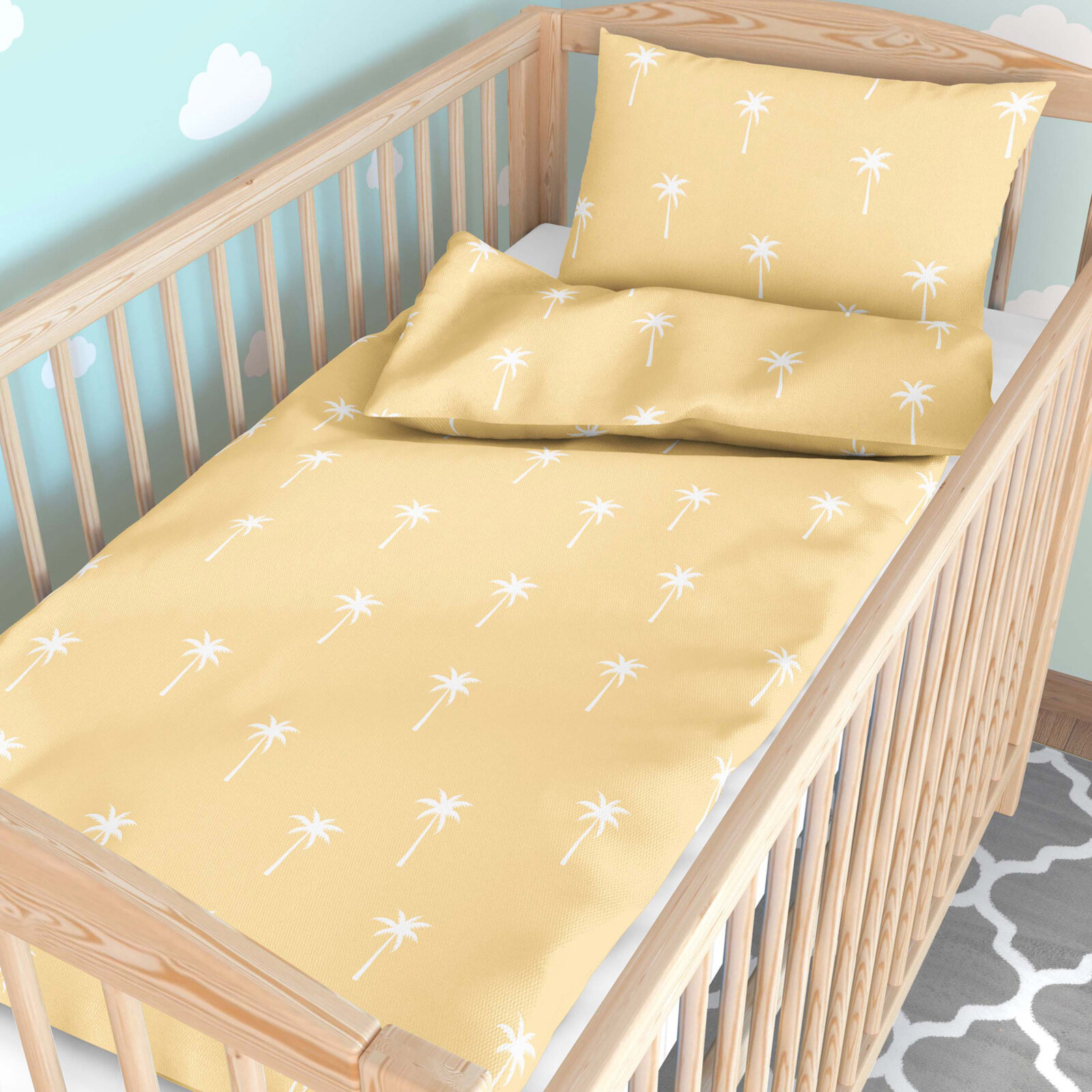 Bettwäsche für Babybetten aus Baumwolle - Palmen auf Gelb