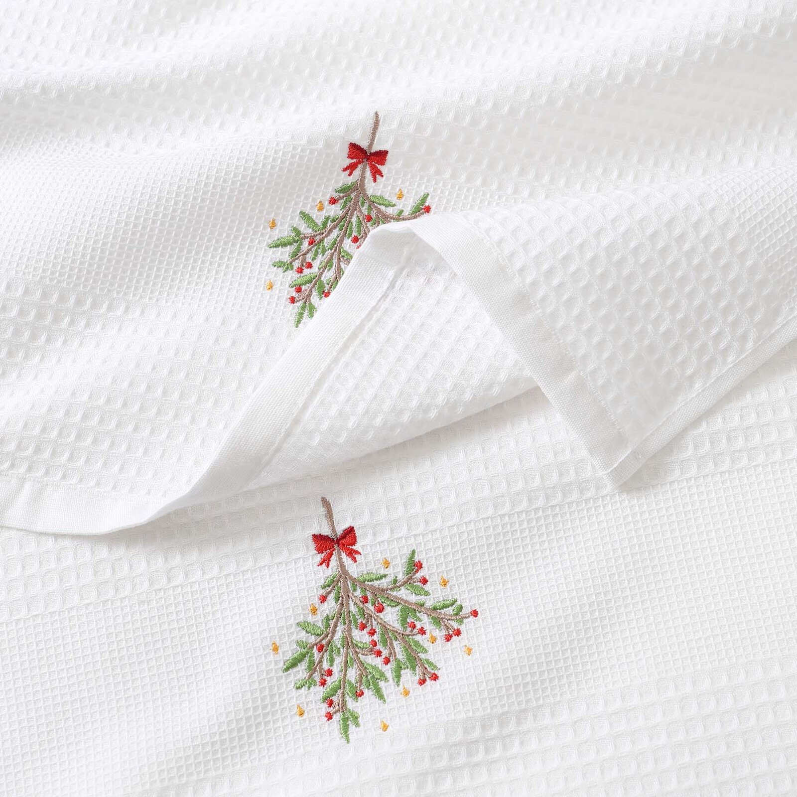 Waffel-Geschirrtuch mit Weihnachtsstickerei - Mistel auf weißem Grund