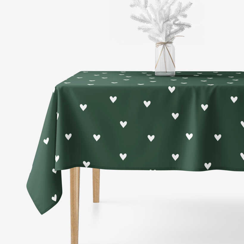Eckige weihnachtliche Tischdecke 100% Baumwolle - Herzchen auf Dunkelgrün