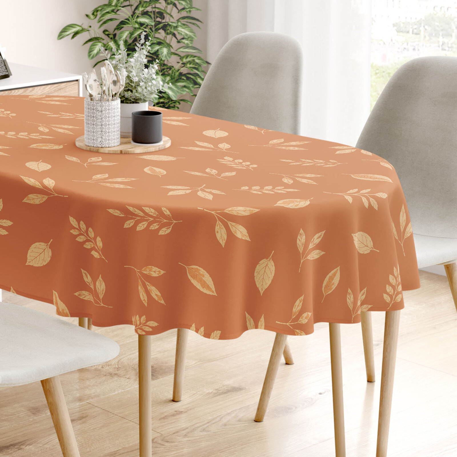 Ovale Tischdecke aus 100% Baumwolle - Orange Herbstblätter