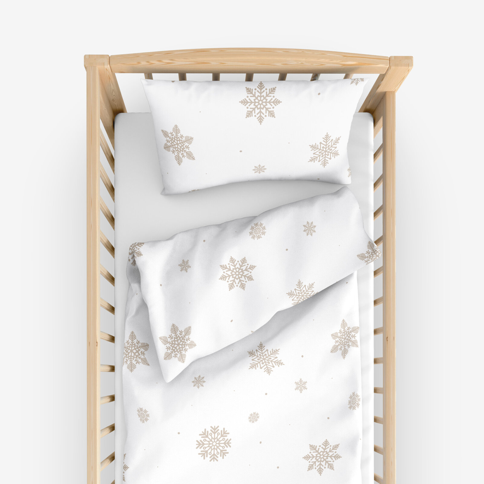 Weihnachtliche Bettwäsche für Babybetten aus Baumwolle - Schneeflocken auf Weiß