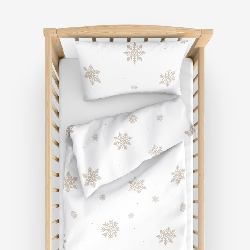 Weihnachtliche Bettwäsche für Babybetten aus Baumwolle - Schneeflocken auf Weiß