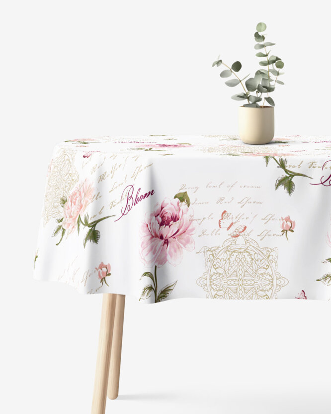 Ovale Tischdecke aus 100% Baumwolle - Pfingstrosen und Schriftzügen