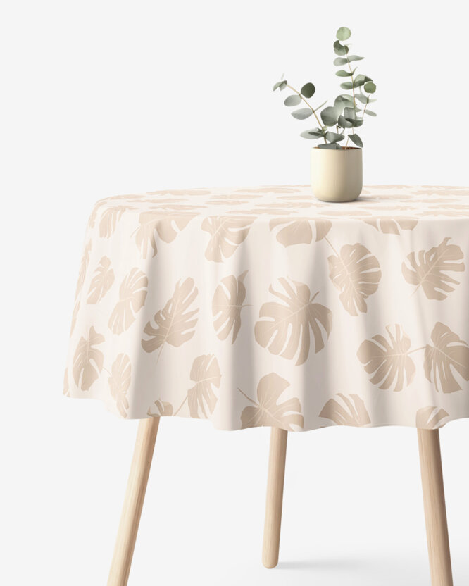 Runde Tischdecke 100% Baumwolle - Tropische Blätter auf Beige