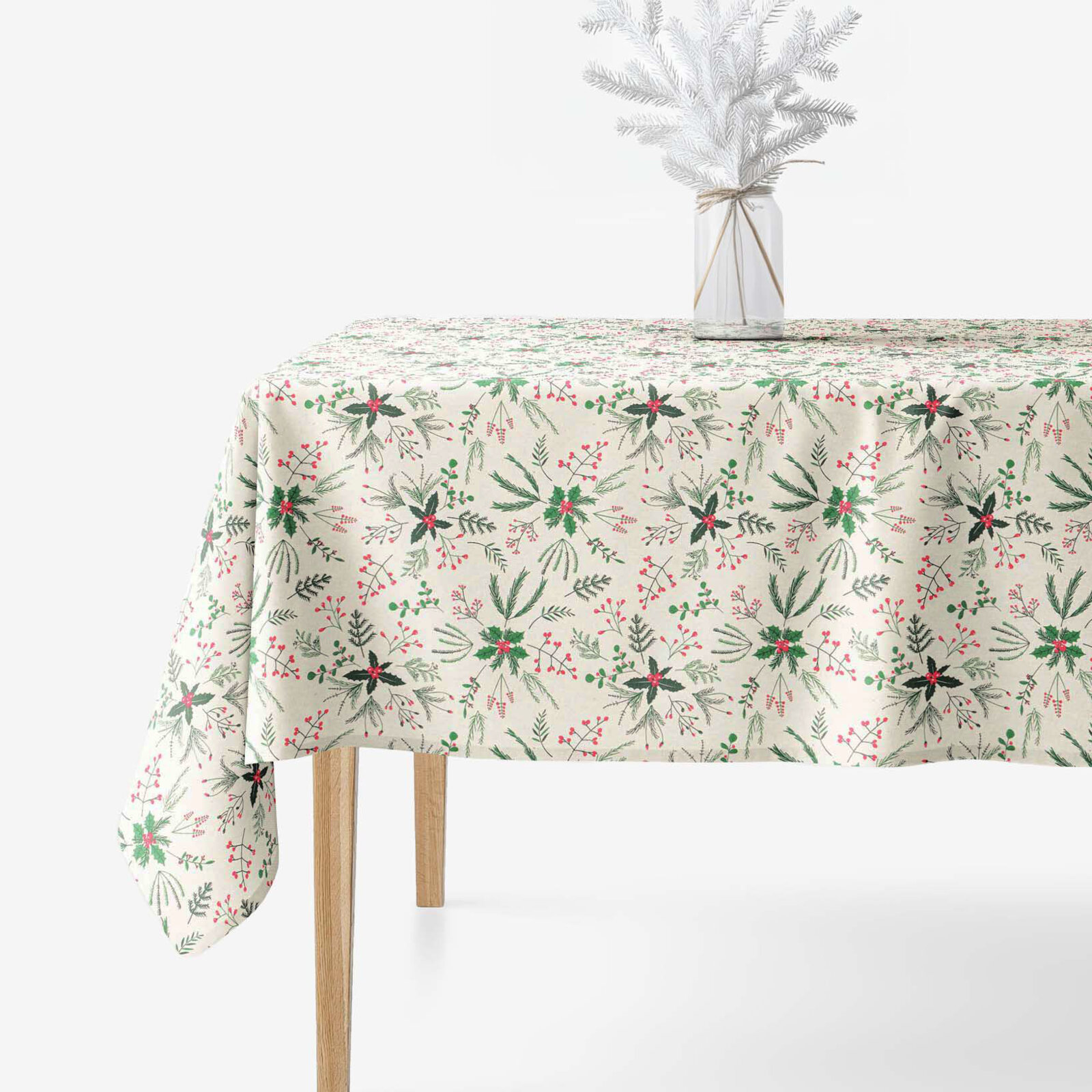 Weihnachtliche eckige Tischdecke Valencia - Zweige auf Naturfarbe