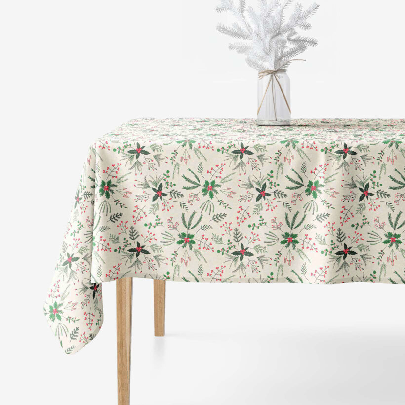 Weihnachtliche eckige Tischdecke Valencia - Zweige auf Naturfarbe