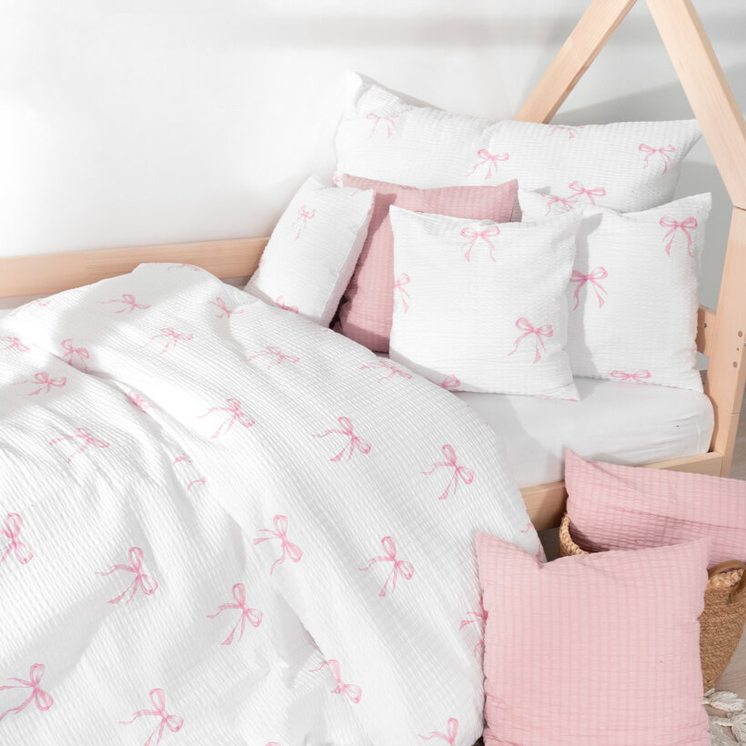 Kinder - Seersucker Bettwäsche - rosa Schleifen
