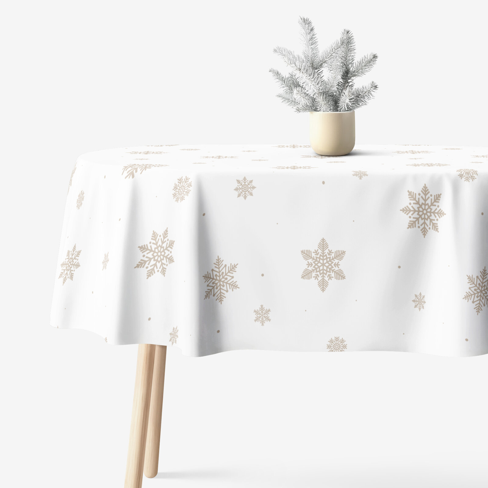 Ovale Weihnachts-Tischdecke aus 100% Baumwolle - Schneeflocken auf Weiß