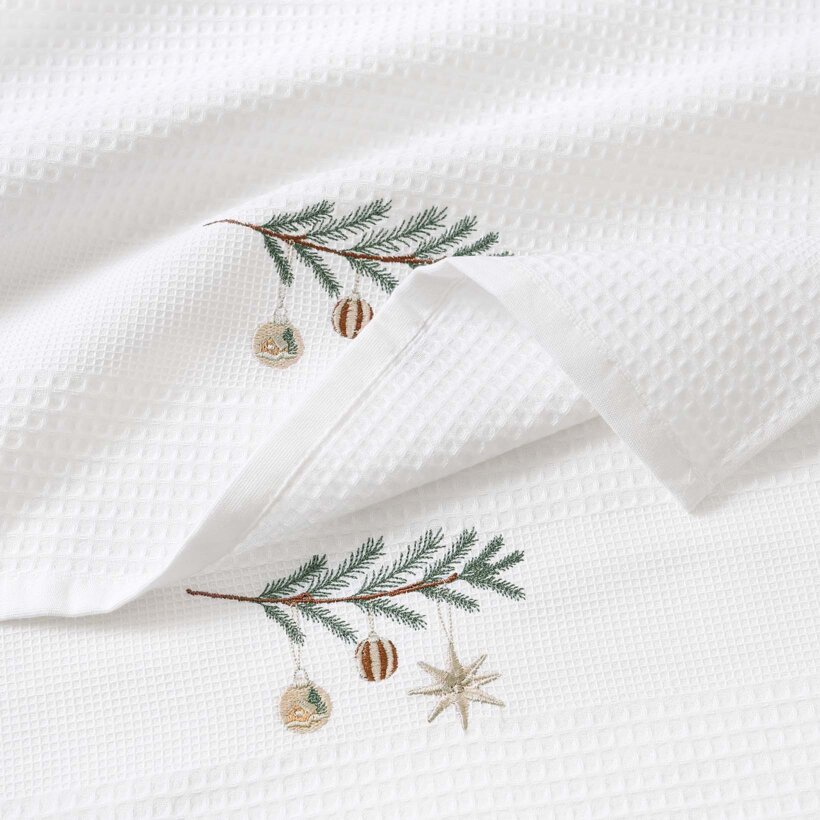 Waffel-Geschirrtuch mit Weihnachtsstickerei - Kugeln am Zweig auf Weiß