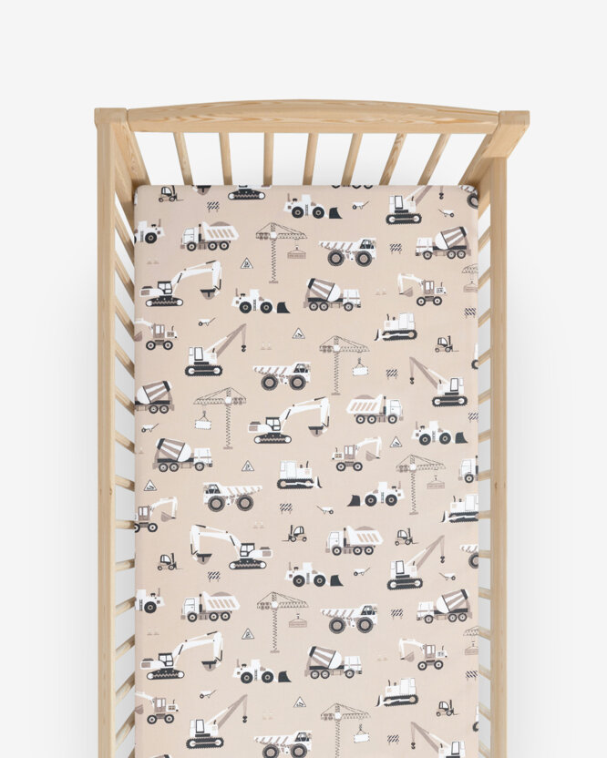 Spannbetttuch aus Baumwolle für Babybetten - Lastwagen und Bagger auf Beige