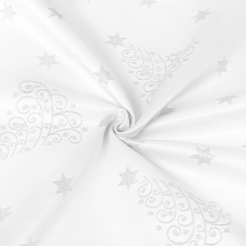 Weihnachtlicher Teflonstoff für Tischdecken – Silberne Tannenbäume und Sterne