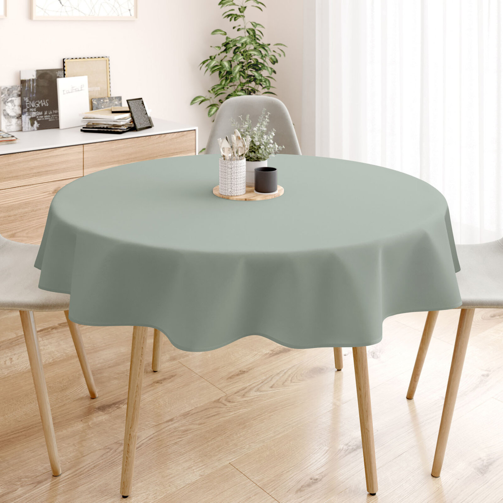 Runde Tischdecke 100% Baumwolle - salbeigrün