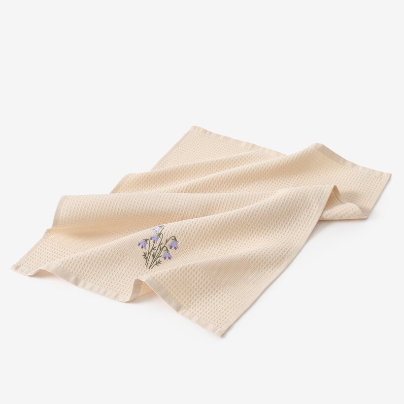 Waffel-Geschirrtuch mit Stickerei - Glockenblumen auf Beige