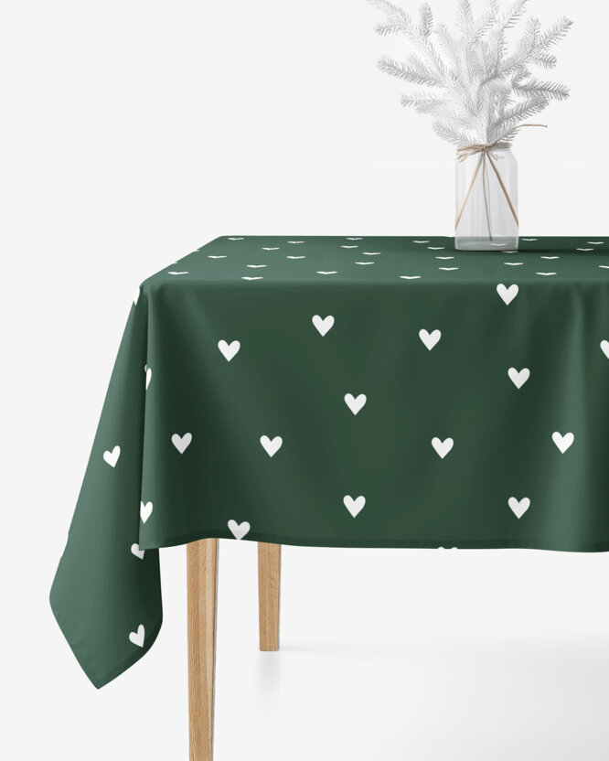 Eckige weihnachtliche Tischdecke 100% Baumwolle - Herzchen auf Dunkelgrün