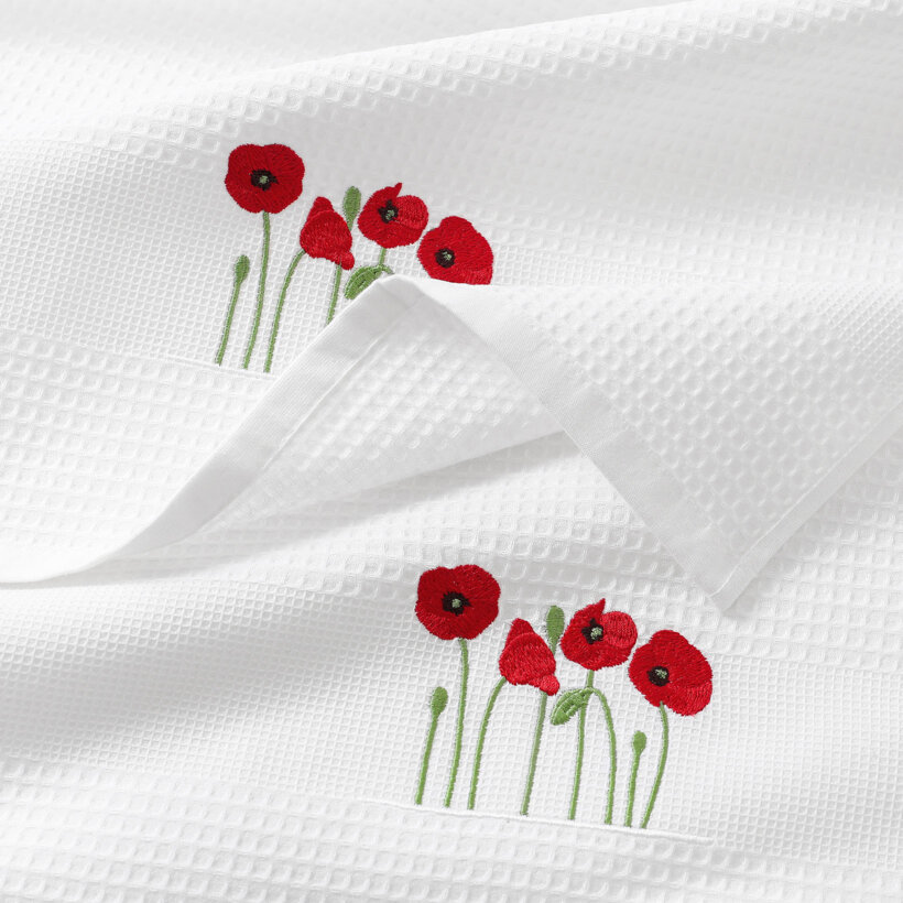 Waffel-Geschirrtuch mit Stickerei - Mohnblumen auf Weiß