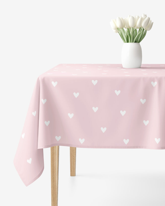 Eckige Tischdecke 100% Baumwolle - Herzchen auf Puderrosa