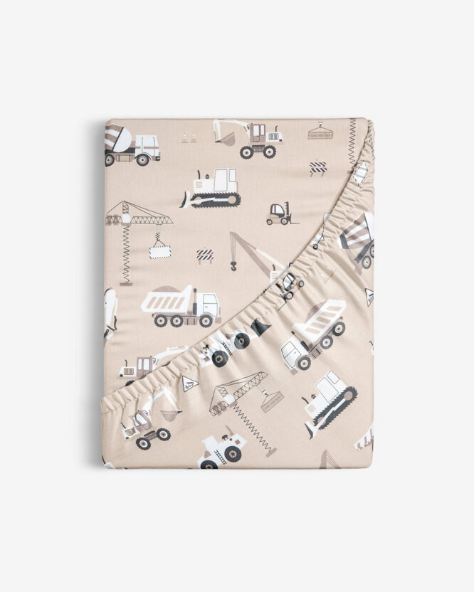 Kinder-Spannbetttuch aus Baumwolle - Lastwagen und Bagger auf Beige