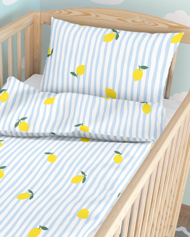 Bettwäsche für Babybetten aus Baumwolle - Frische Zitronen mit Streifen