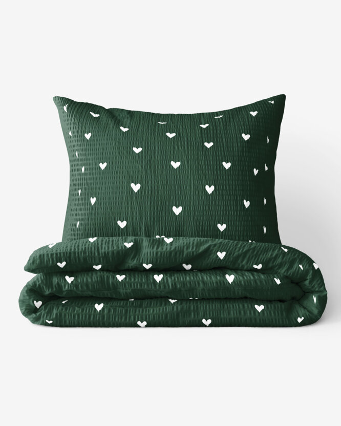 Weihnachtlich Seersucker Bettwäsche - Herzchen auf Dunkelgrün