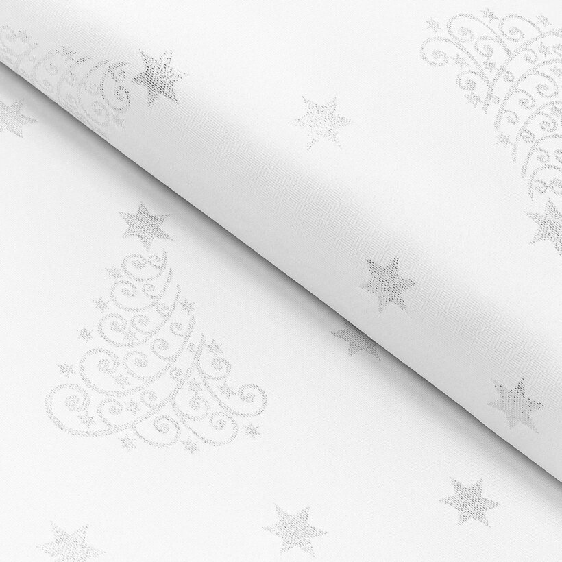 Weihnachtlicher Teflonstoff für Tischdecken – Silberne Tannenbäume und Sterne