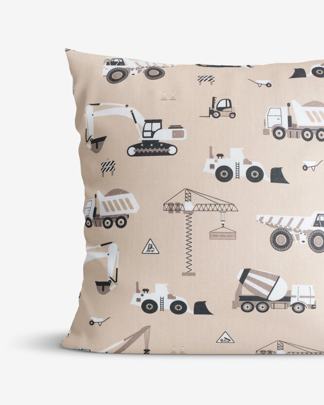 Kinder-Kissenbezug aus Baumwolle - Lastwagen und Bagger auf Beige