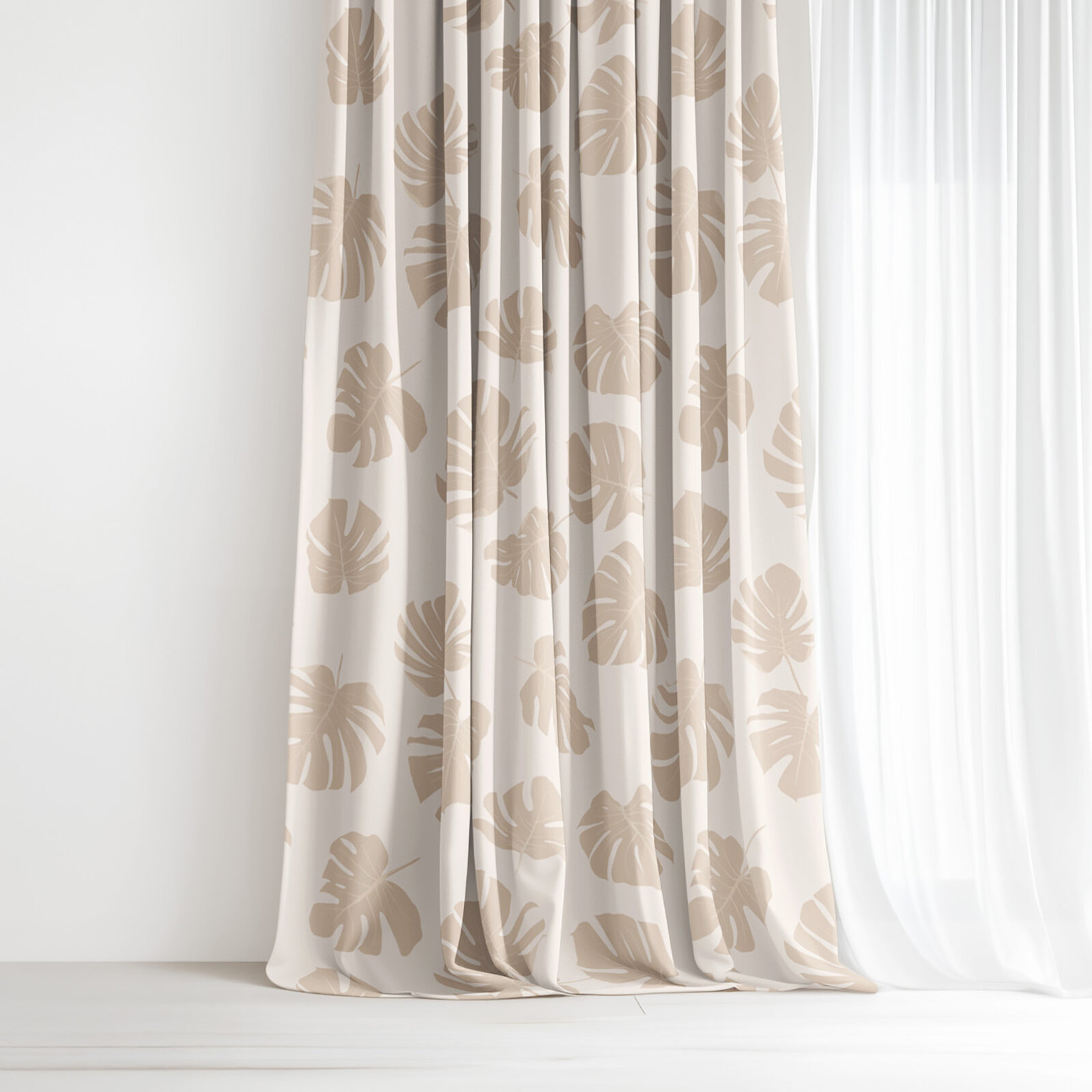 Vorhang aus Baumwolle - Tropische Blätter auf Beige