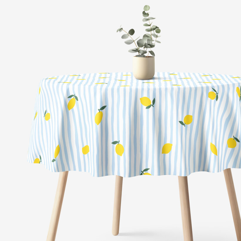 Runde Tischdecke 100% Baumwolle - Frische Zitronen mit Streifen