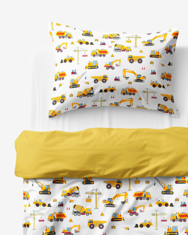 Kinder-Bettwäsche aus Baumwolle Duo - Lastwagen und Bagger mit Honiggelb