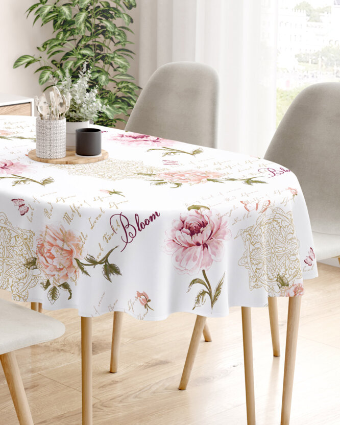 Ovale Tischdecke aus 100% Baumwolle - Pfingstrosen und Schriftzügen