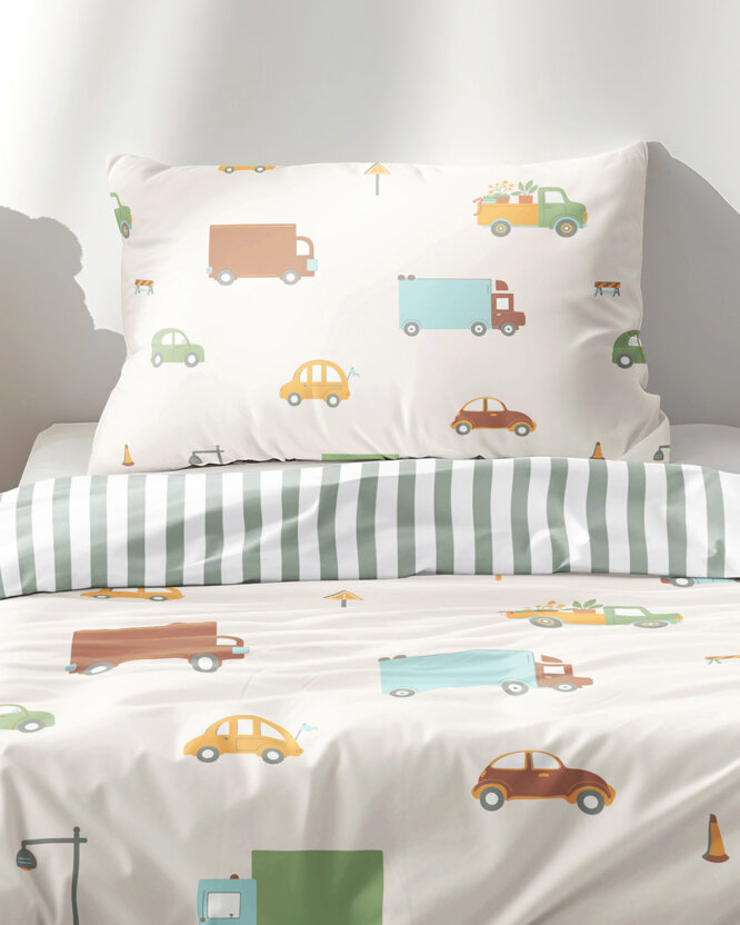 Kinder-Bettwäsche aus Baumwolle - Welt der Autos mit salbeigrüne Streifen