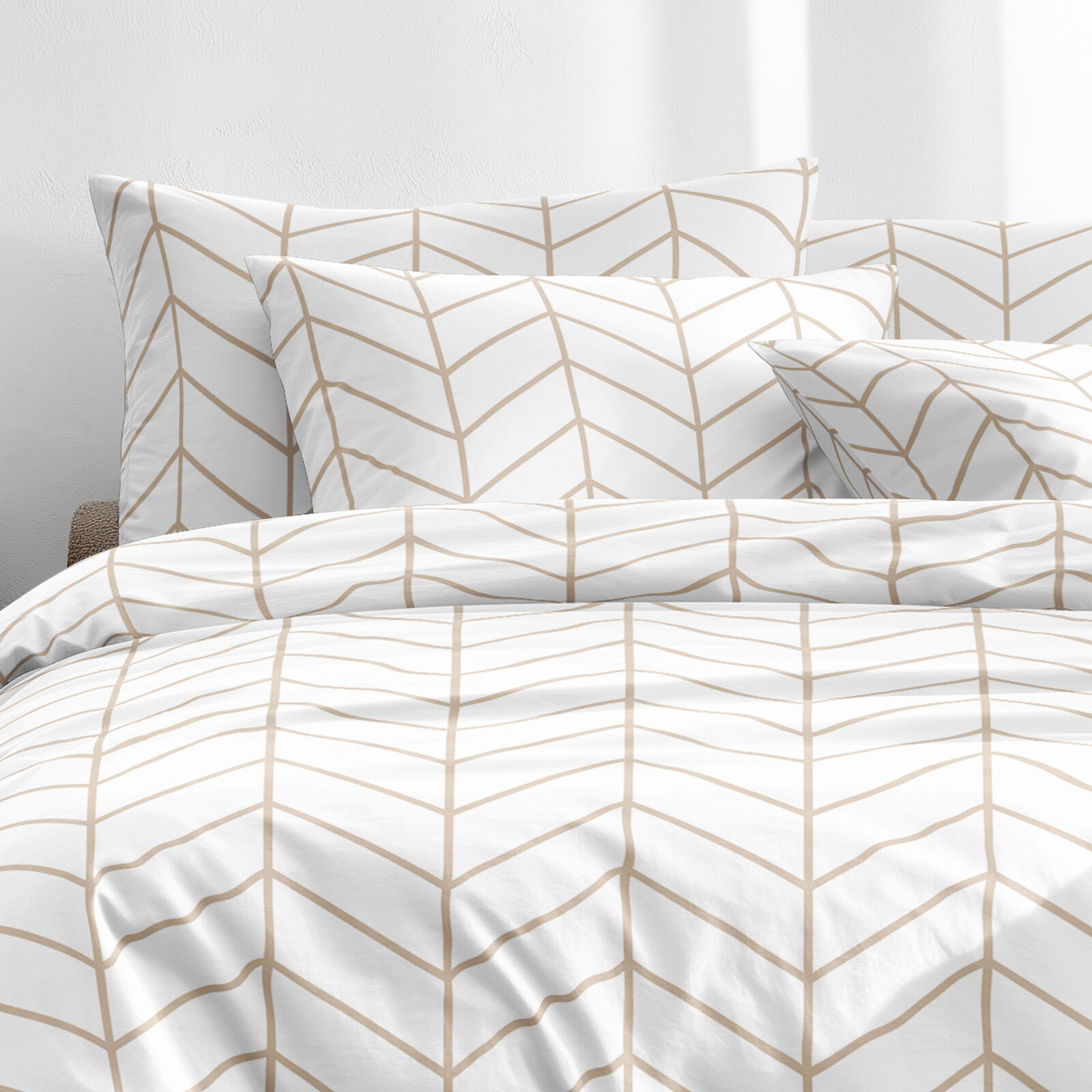 Bettwäsche aus Baumwolle - Beiger Zickzack auf Weiß