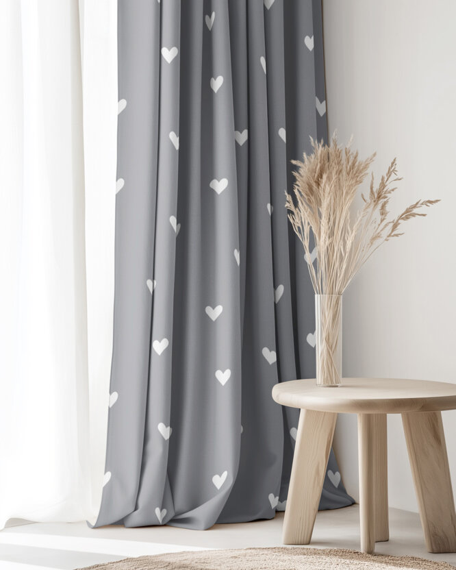 Vorhang aus Baumwolle - Herzchen auf Grau