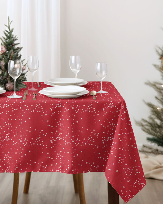 Weihnachtliche eckige Tischdecke Valencia - Sterne auf rotem Hintergrund