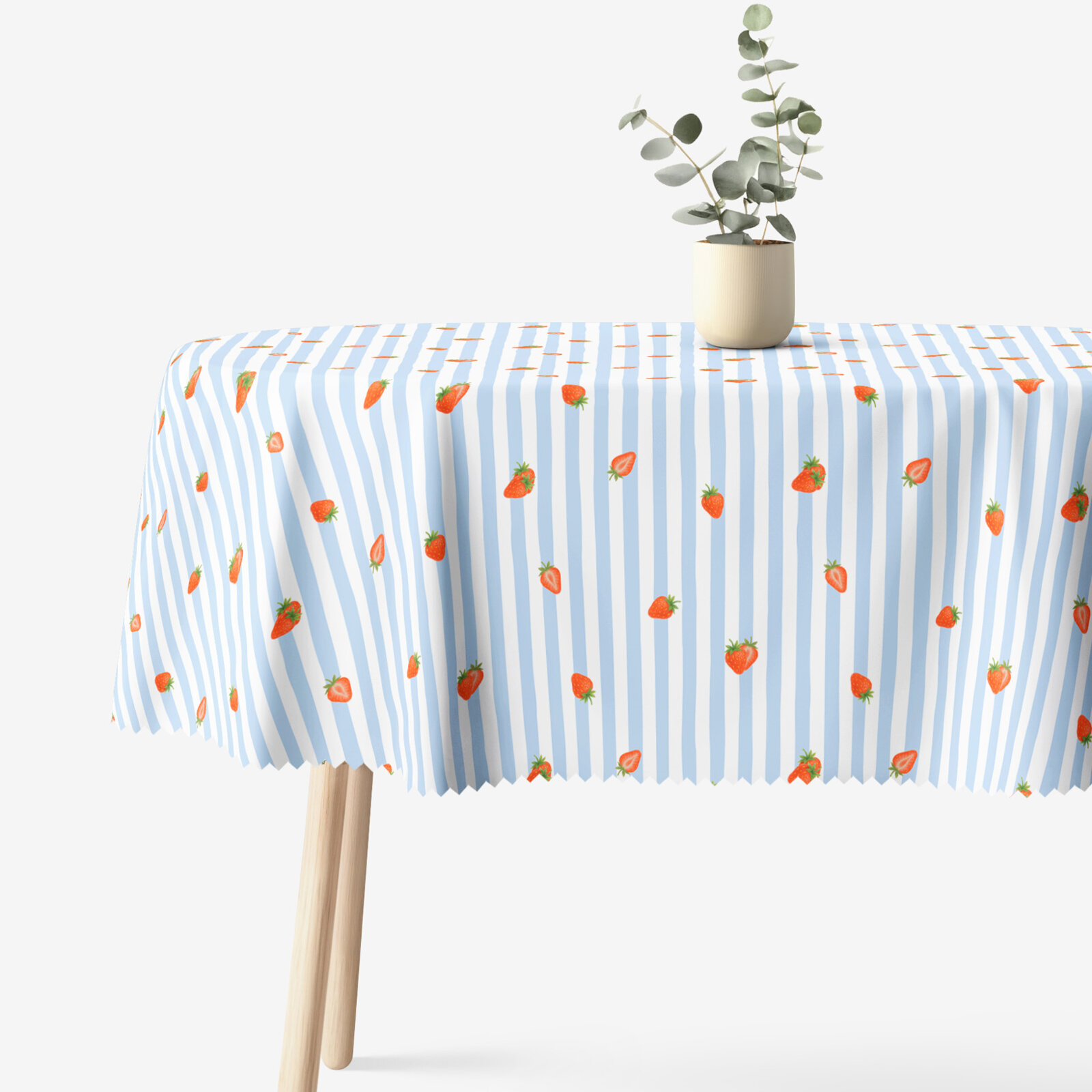 Ovale Tischdecke Teflon - blaue Streifen mit Erdbeeren