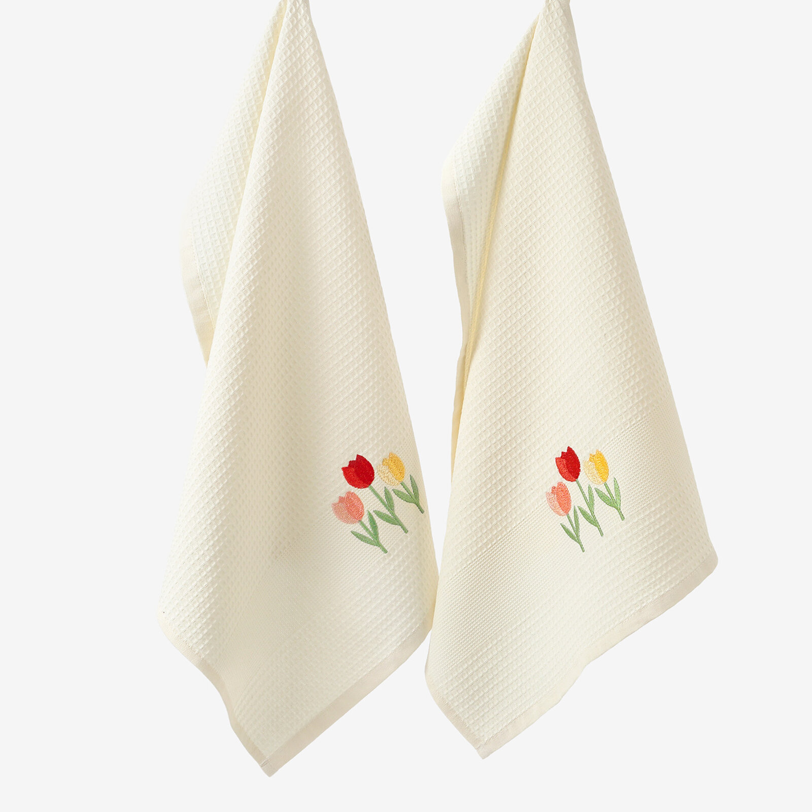 Waffel-Geschirrtuch mit Stickerei - Tulpen auf Creme