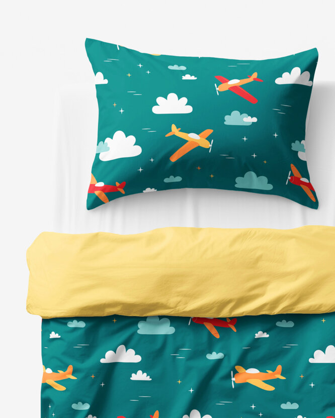 Kinder-Bettwäsche aus Baumwolle Duo - Abenteuer in der Luft mit gelb
