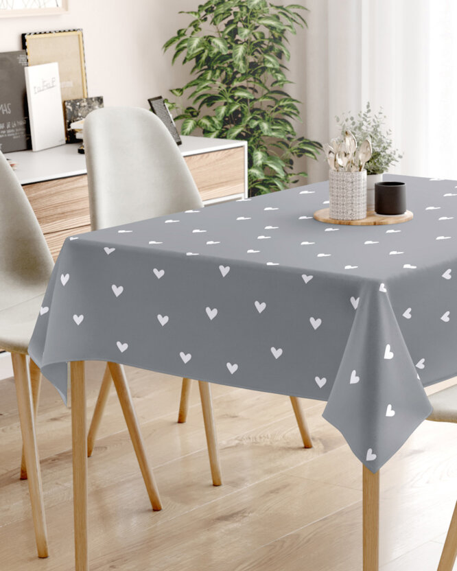 Eckige Tischdecke 100% Baumwolle - Herzchen auf Grau