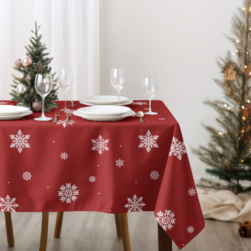 Eckige weihnachtliche Tischdecke 100% Baumwolle - Schneeflocken auf Rot