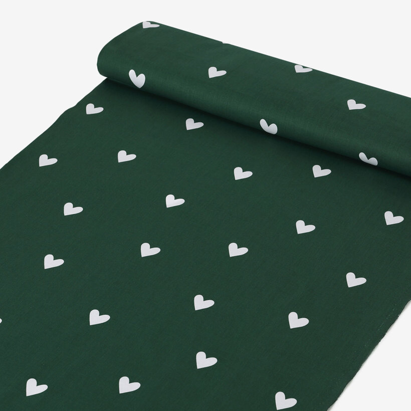 Weihnachtlicher Baumwollstoff - Herzchen auf Dunkelgrün