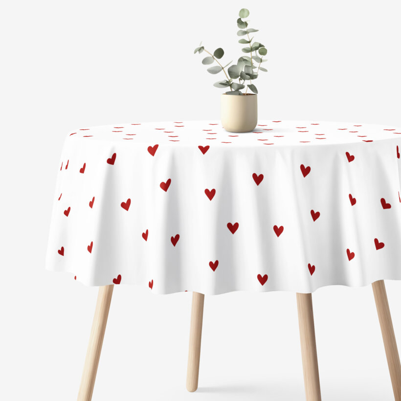 Runde Tischdecke 100% Baumwolle - Rote Herzchen auf Weiß
