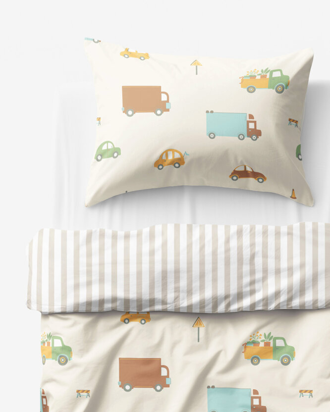 Kinder-Bettwäsche aus Baumwolle - Welt der Autos mit latte Streifen