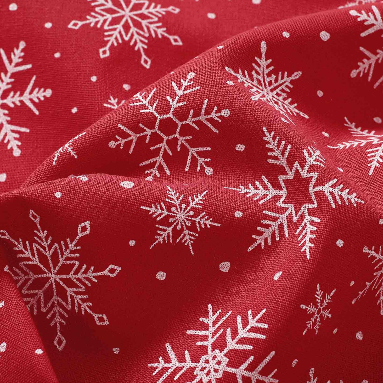 Ovale Weihnachts-Tischdecke Valencia – Weiße Flocken auf Rot