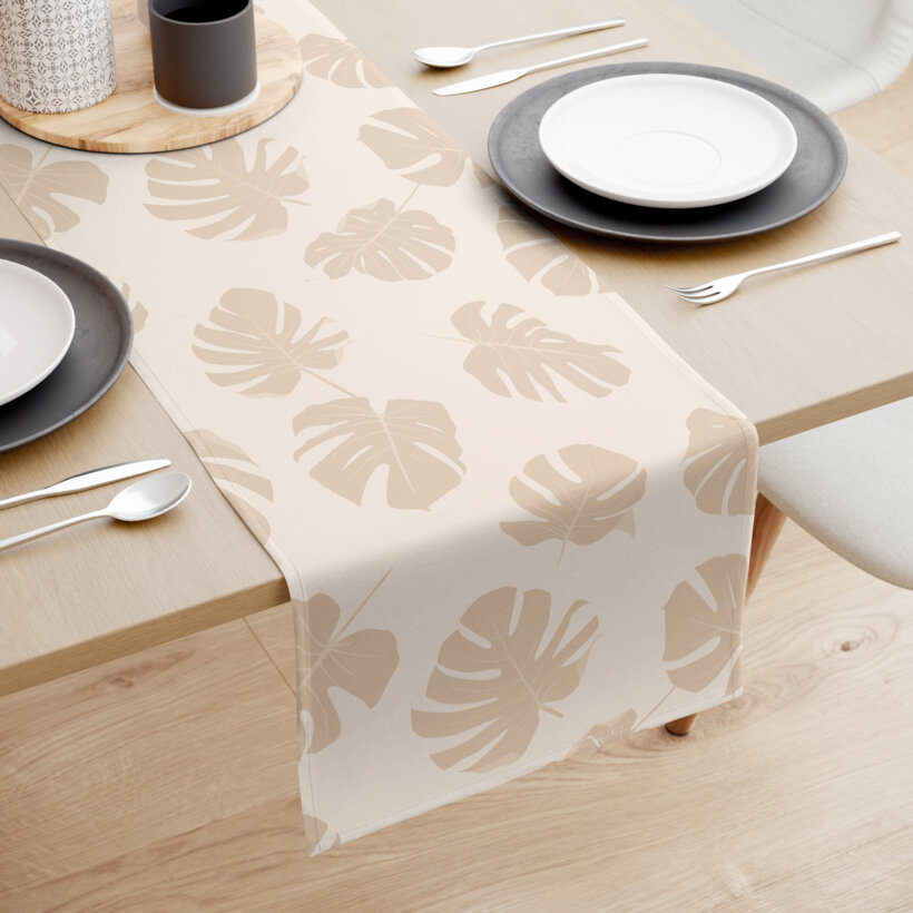 Tischläufer aus 100% Baumwolle - Tropische Blätter auf Beige
