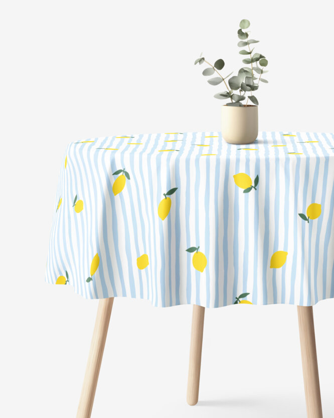 Runde Tischdecke 100% Baumwolle - Frische Zitronen mit Streifen