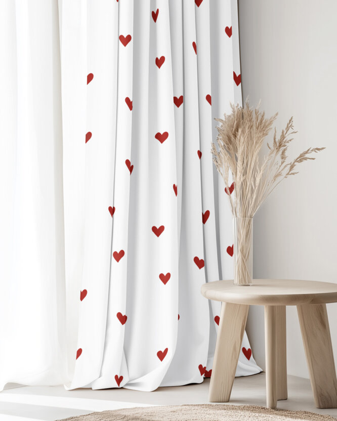 Vorhang aus Baumwolle - Rote Herzchen auf Weiß
