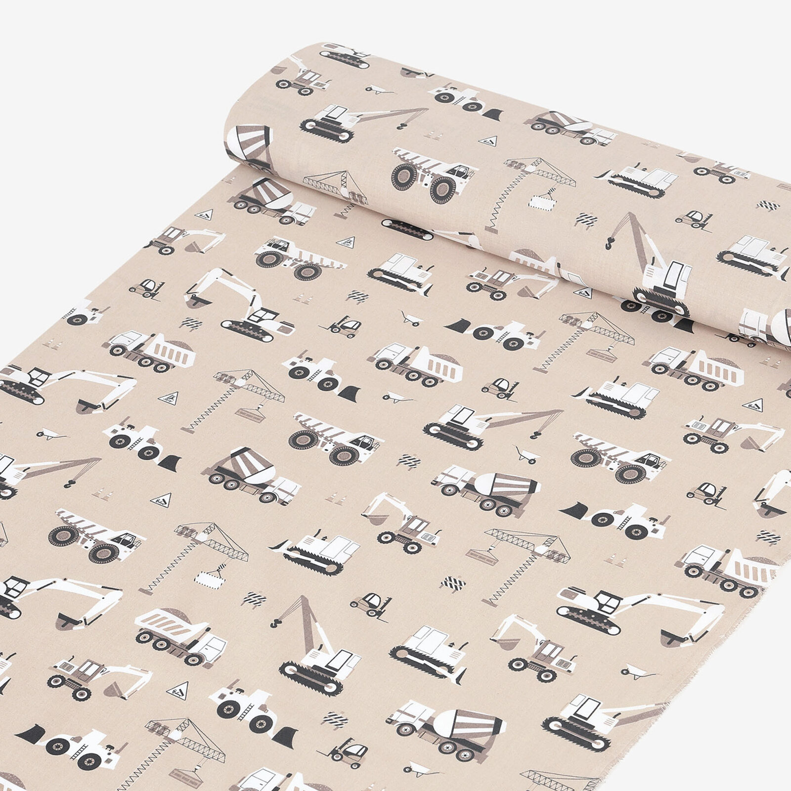 Baumwollstoff - Lastwagen und Bagger auf Beige